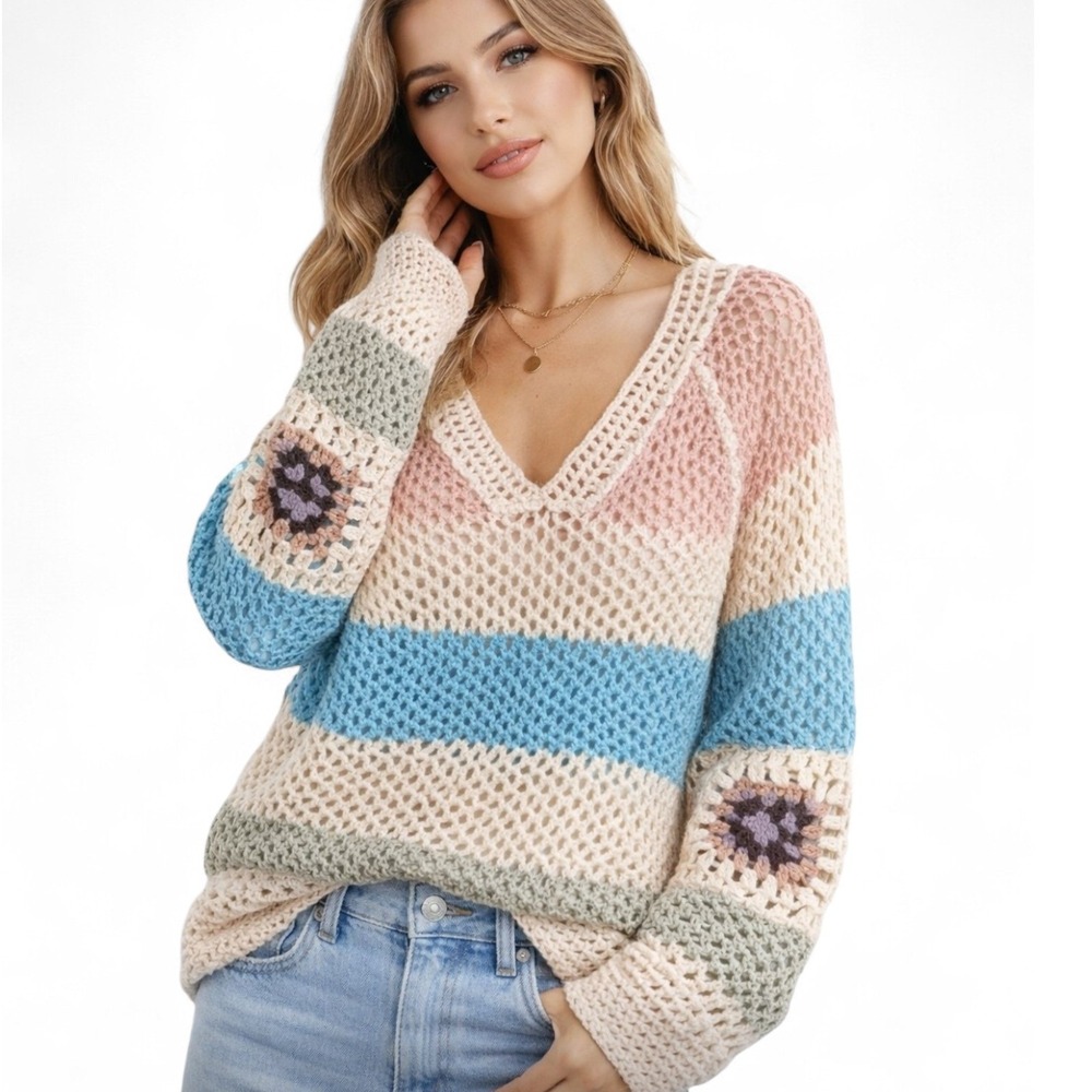 POL Crochet Knit Sweater Striped V Neck Granny Square Boho Chic Pullover